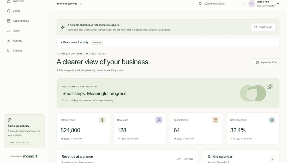 Everfield Services interactive demo dashboard with fictional records