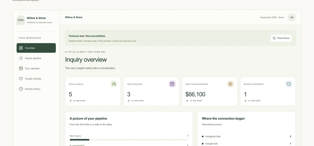 Willow & Stone interactive demo dashboard with fictional records